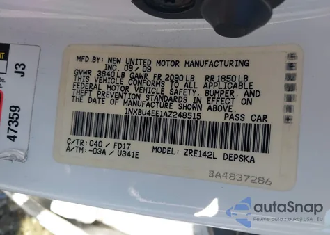 2010 Toyota Corolla S/Le/Xle из США, поврежденный, VIN 1NXBU4EE1AZ248515